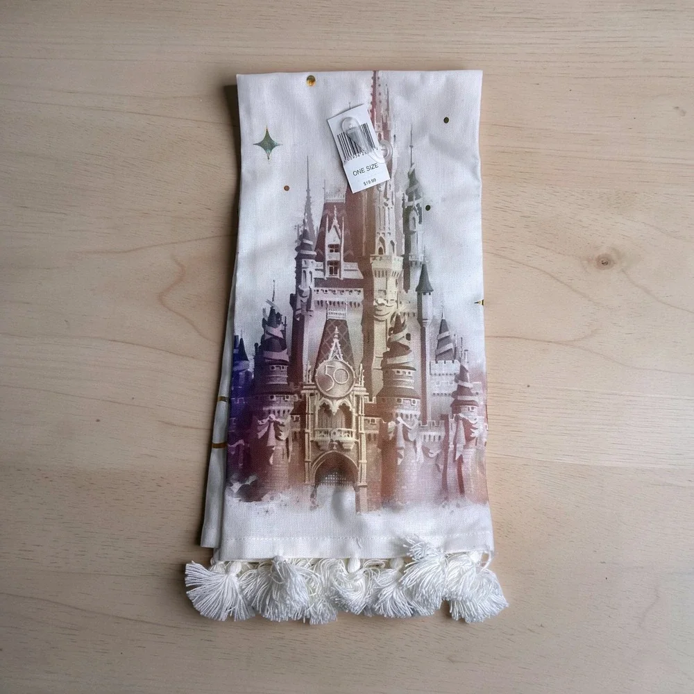 Disney World 50th Anniversary Cinderella Castle Kitchen Towel‎ White Tassels NEW